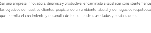 Ser una empresa innovadora, dinámica y productiva, encaminada a satisfacer consistentemente los objetivos de nuestros clientes, propiciando un ambiente laboral y de negocios respetuoso que permita el crecimiento y desarrollo de todos nuestros asociados y colaboradores. 